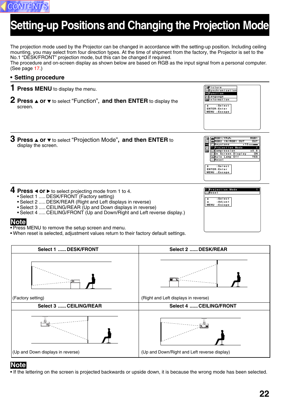 Setting procedure, Press menu, Press or | Function, And then enter, Projection mode, Factory setting) | Panasonic PT-L759VU User Manual | Page 22 / 68