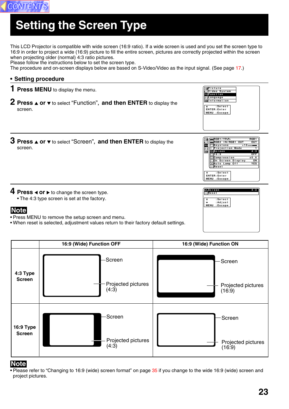 Setting the screen type, Setting procedure, Press menu | Press or, Function, And then enter, Screen | Panasonic PT-L759VU User Manual | Page 23 / 68