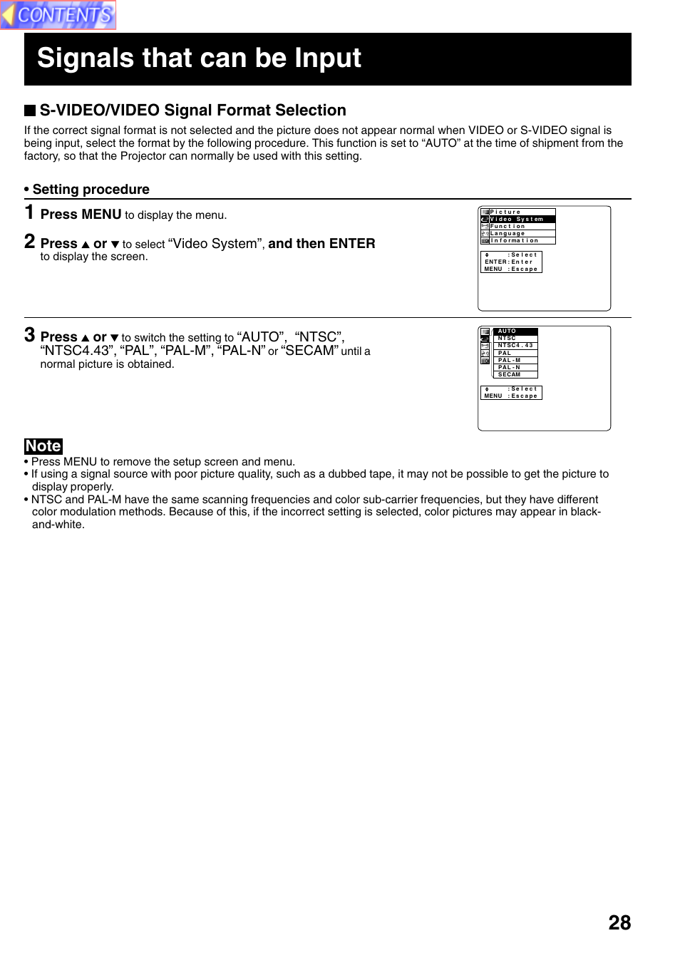 Signals that can be input, S-video/video signal format selection, Setting procedure | Press menu, Press or, Video system, And then enter, Auto”, “ntsc”, “ntsc4.43”, “pal”, “pal-m”, “pal-n, Secam, Until a normal picture is obtained | Panasonic PT-L759VU User Manual | Page 28 / 68