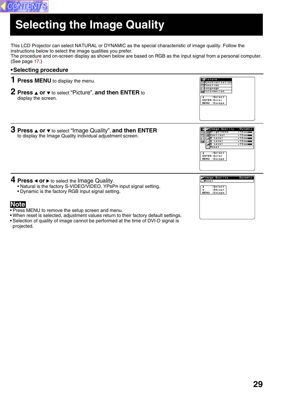 Selecting the image quality, Selecting procedure, Press menu | Press or, Picture, And then enter, Image quality, Natural is the factory s-video/video, yp | Panasonic PT-L759VU User Manual | Page 29 / 68