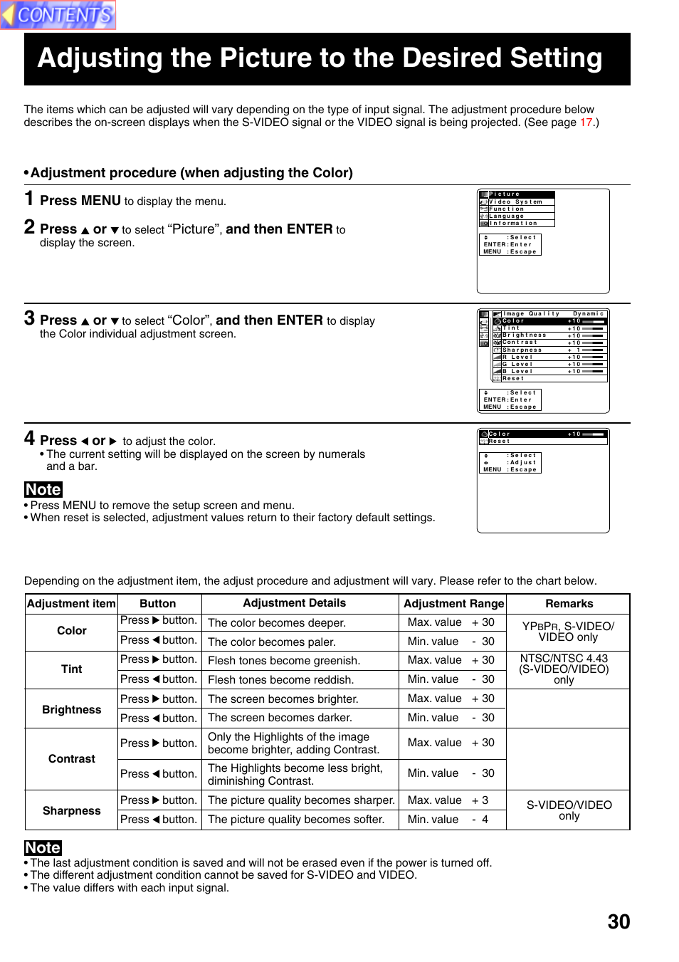 Adjusting the picture to the desired setting, Press menu, Press or | Picture, And then enter, Color, Adjustment procedure (when adjusting the color) | Panasonic PT-L759VU User Manual | Page 30 / 68