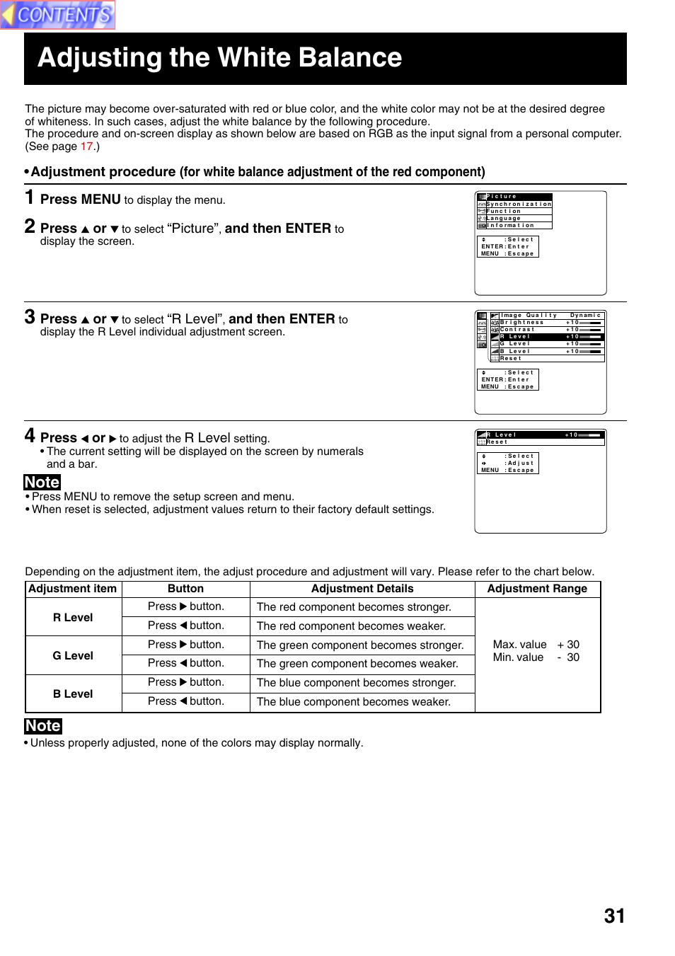 Adjusting the white balance, Press menu, Press or | Picture, And then enter, R level | Panasonic PT-L759VU User Manual | Page 31 / 68