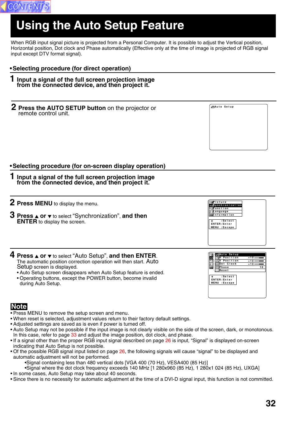 Using the auto setup feature, Press menu, Press or | Synchronization, And then enter, Auto setup, Selecting procedure (for direct operation) | Panasonic PT-L759VU User Manual | Page 32 / 68