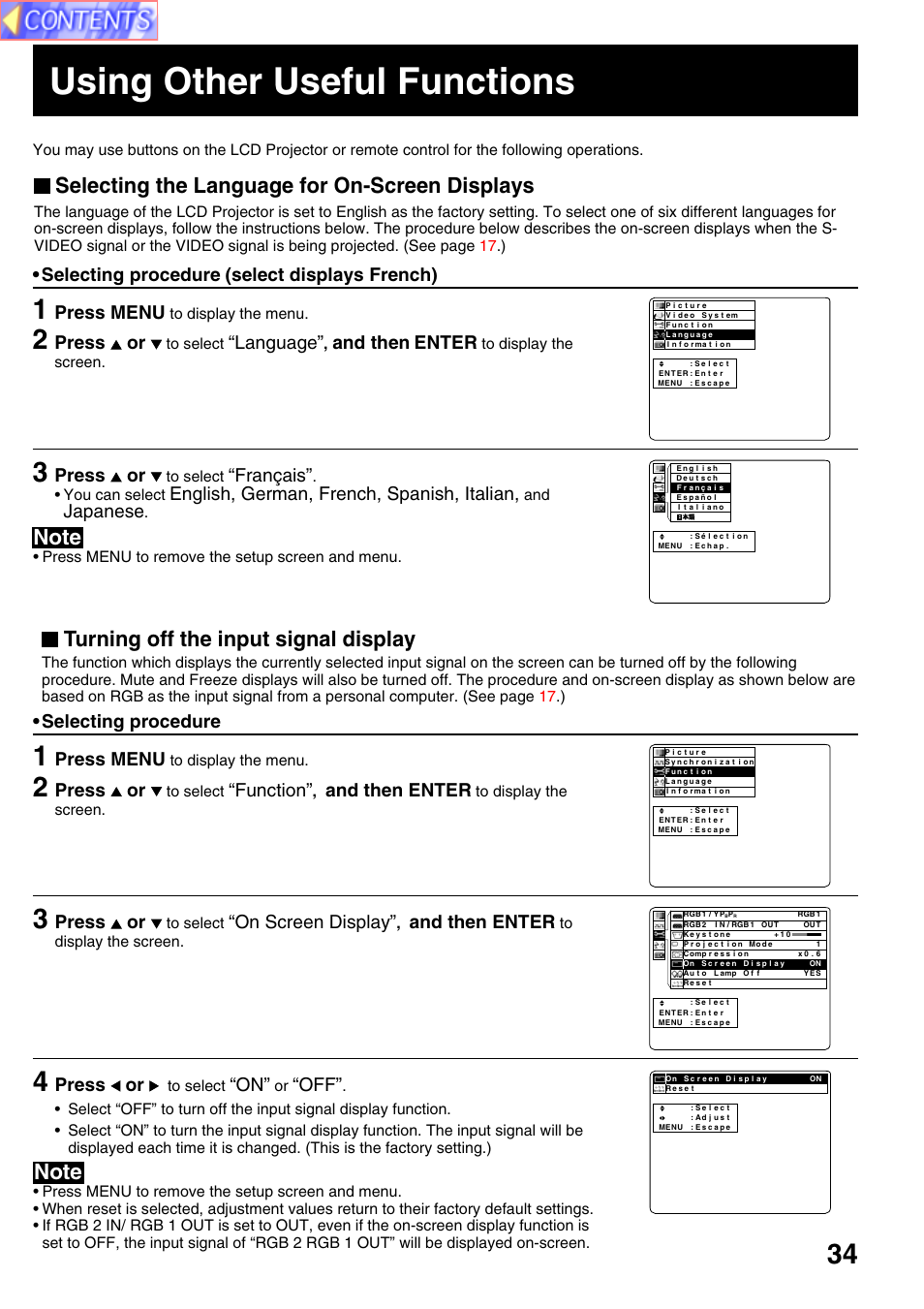 Useful functions, Using other useful functions, Selecting the language for on-screen displays | Turning off the input signal display, Selecting procedure, Select displays french), Press menu, Press or, Language, And then | Panasonic PT-L759VU User Manual | Page 34 / 68