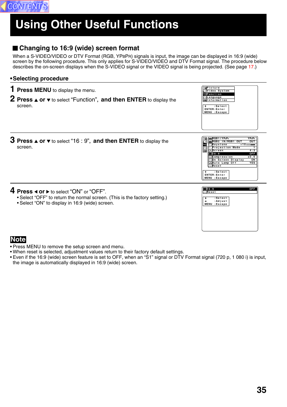 If you change to the wide 16:9 (wide) screen and, Using other useful functions, Changing to 16:9 (wide) screen format | Selecting procedure, Press menu, Press or, Function, And then enter, When a s-video/video or dtv format (rgb, yp | Panasonic PT-L759VU User Manual | Page 35 / 68