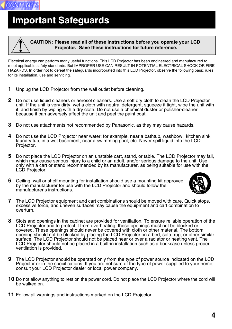 Important safeguards | Panasonic PT-L759VU User Manual | Page 4 / 68