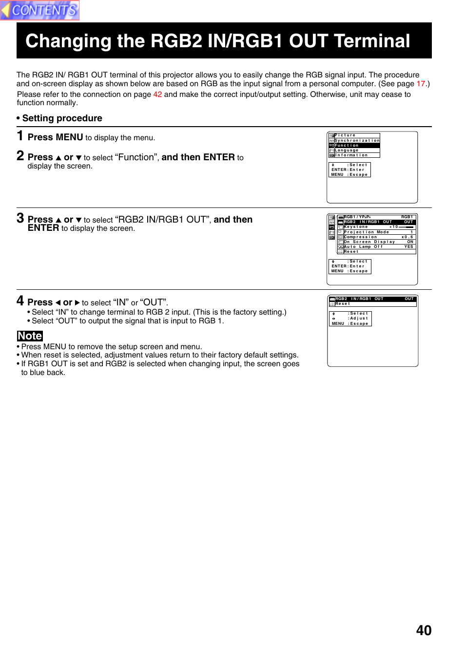 Changing the rgb2 in/rgb1 out terminal, Setting procedure, Press menu | Press or, Function, And then enter, Rgb2 in/rgb1 out | Panasonic PT-L759VU User Manual | Page 40 / 68
