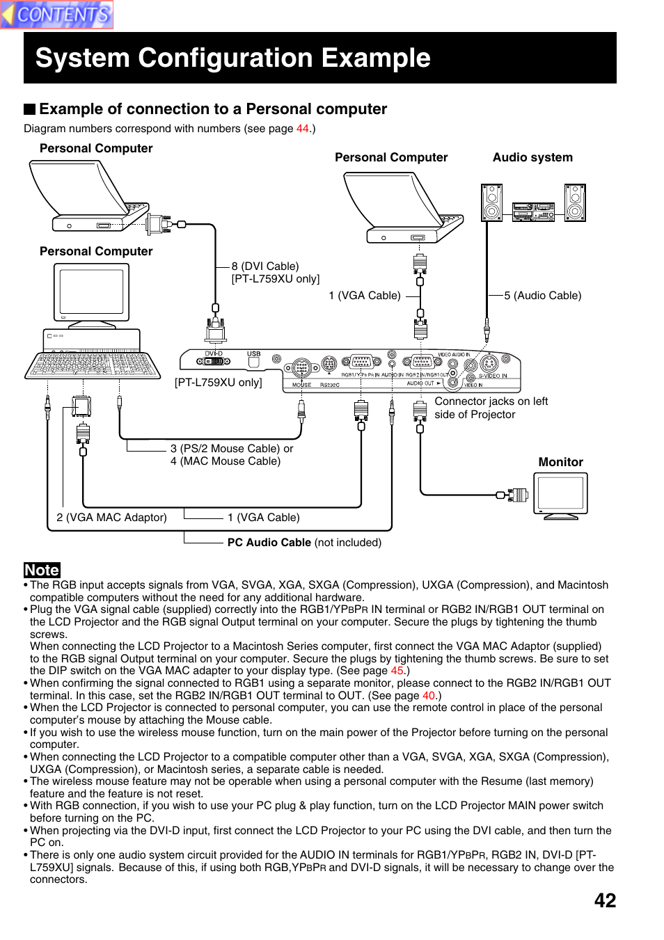 System configuration example, Example of connection to a personal computer | Panasonic PT-L759VU User Manual | Page 42 / 68
