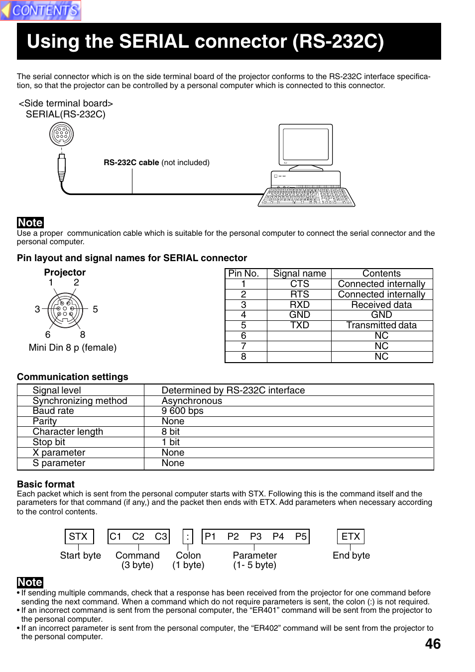 Using the serial connector (rs-232c) | Panasonic PT-L759VU User Manual | Page 46 / 68