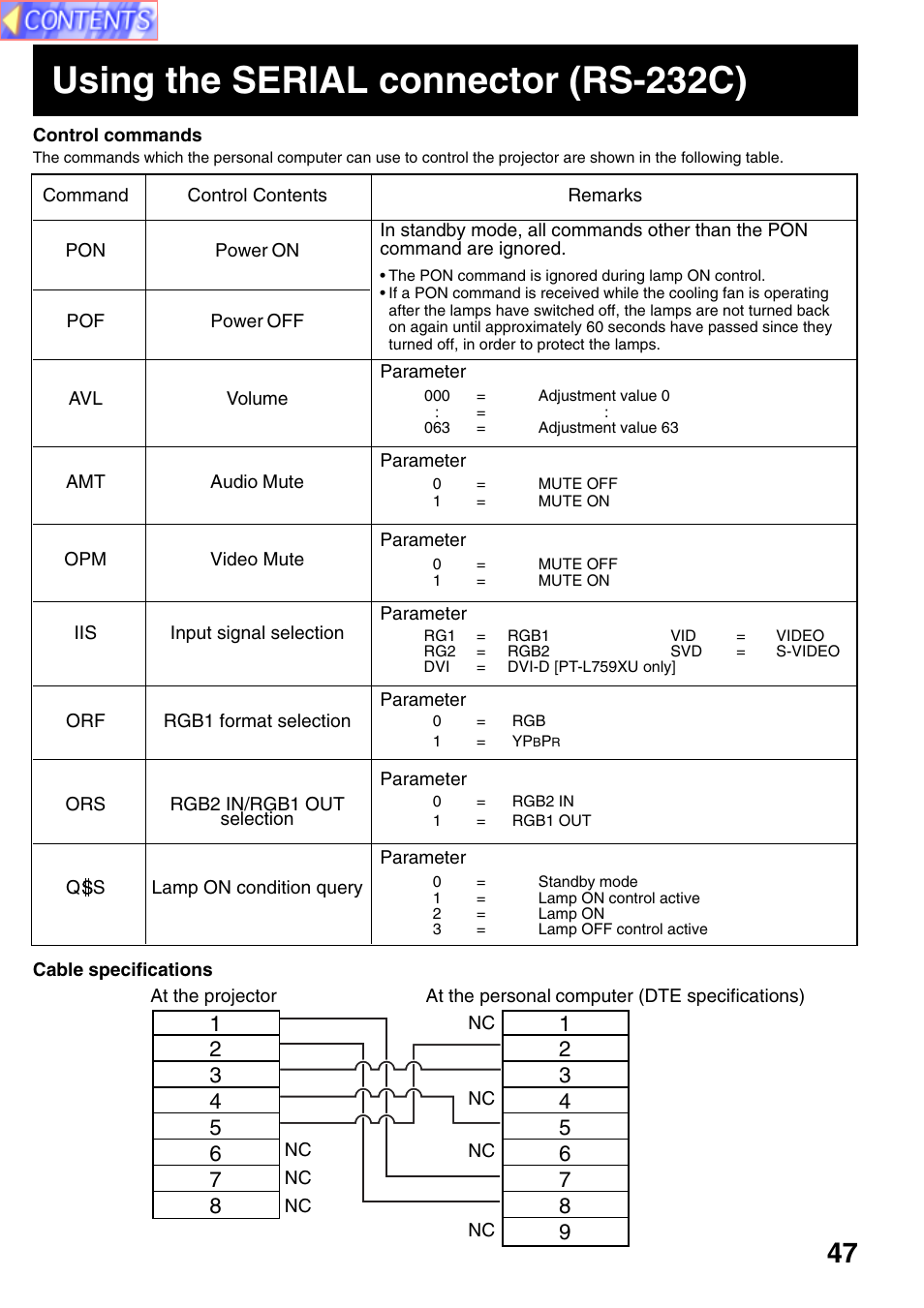 Using the serial connector (rs-232c) | Panasonic PT-L759VU User Manual | Page 47 / 68