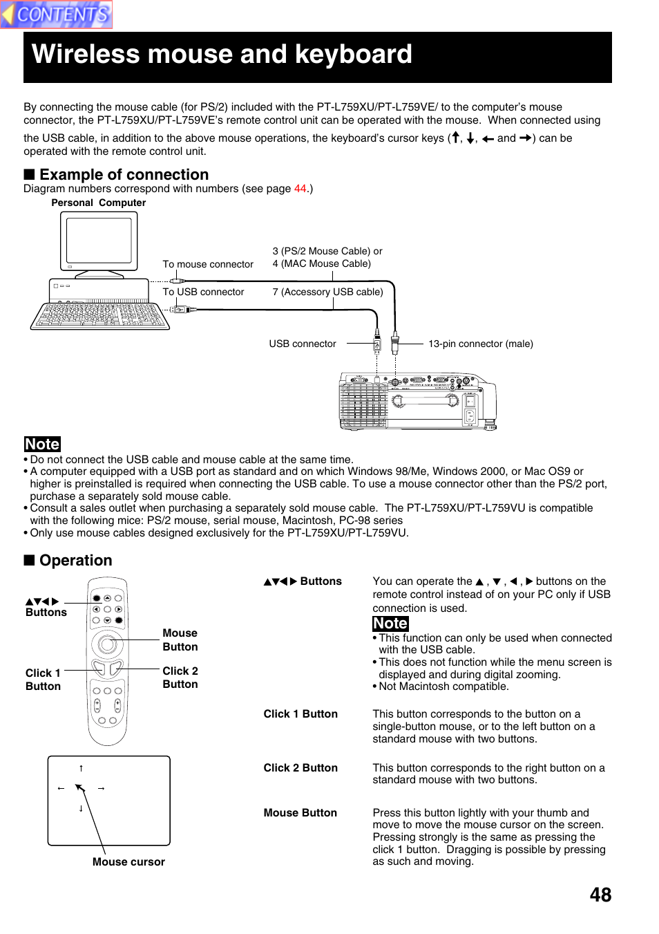 Wireless mouse and keyboard, Example of connection, Operation | Panasonic PT-L759VU User Manual | Page 48 / 68