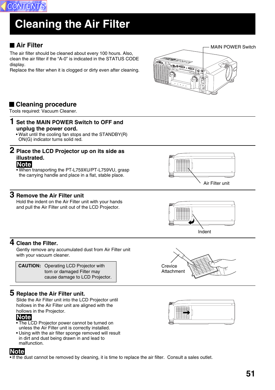 Cleaning the air filter | Panasonic PT-L759VU User Manual | Page 51 / 68