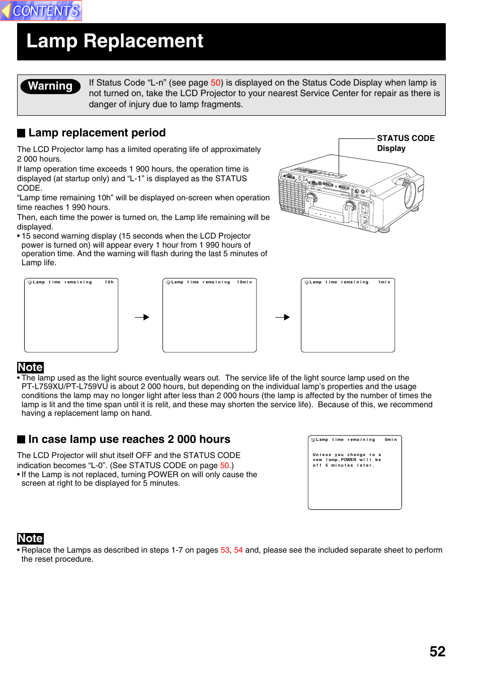 Lamp replacement, Lamp replacement period, Warning | Status code display | Panasonic PT-L759VU User Manual | Page 52 / 68