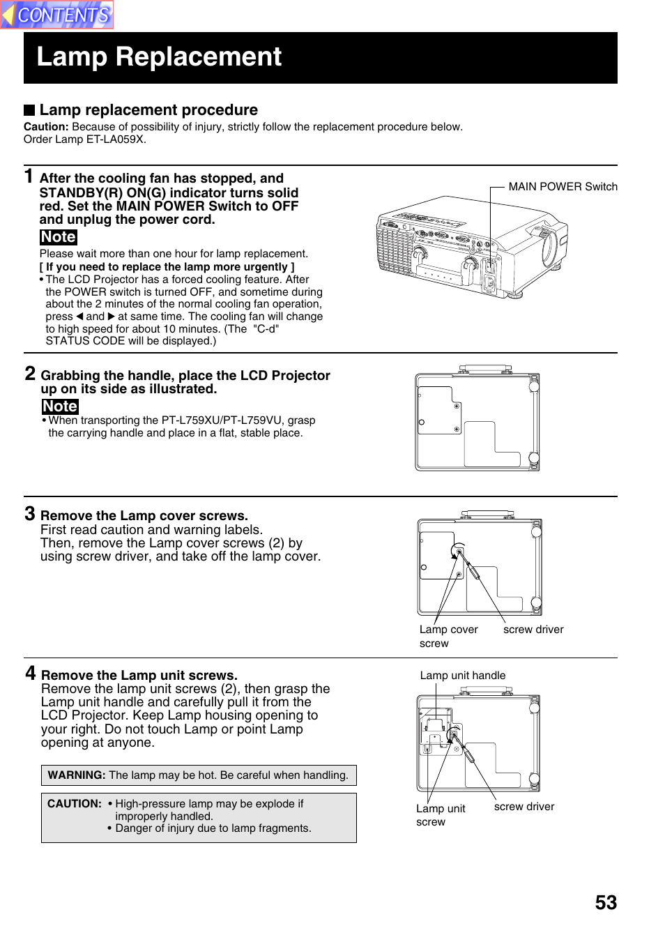 Lamp replacement | Panasonic PT-L759VU User Manual | Page 53 / 68