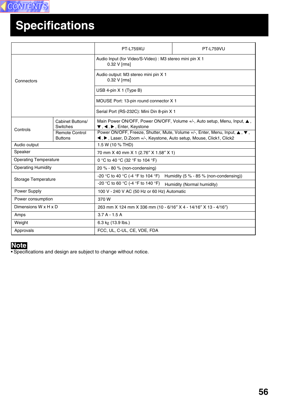 Specifications | Panasonic PT-L759VU User Manual | Page 56 / 68