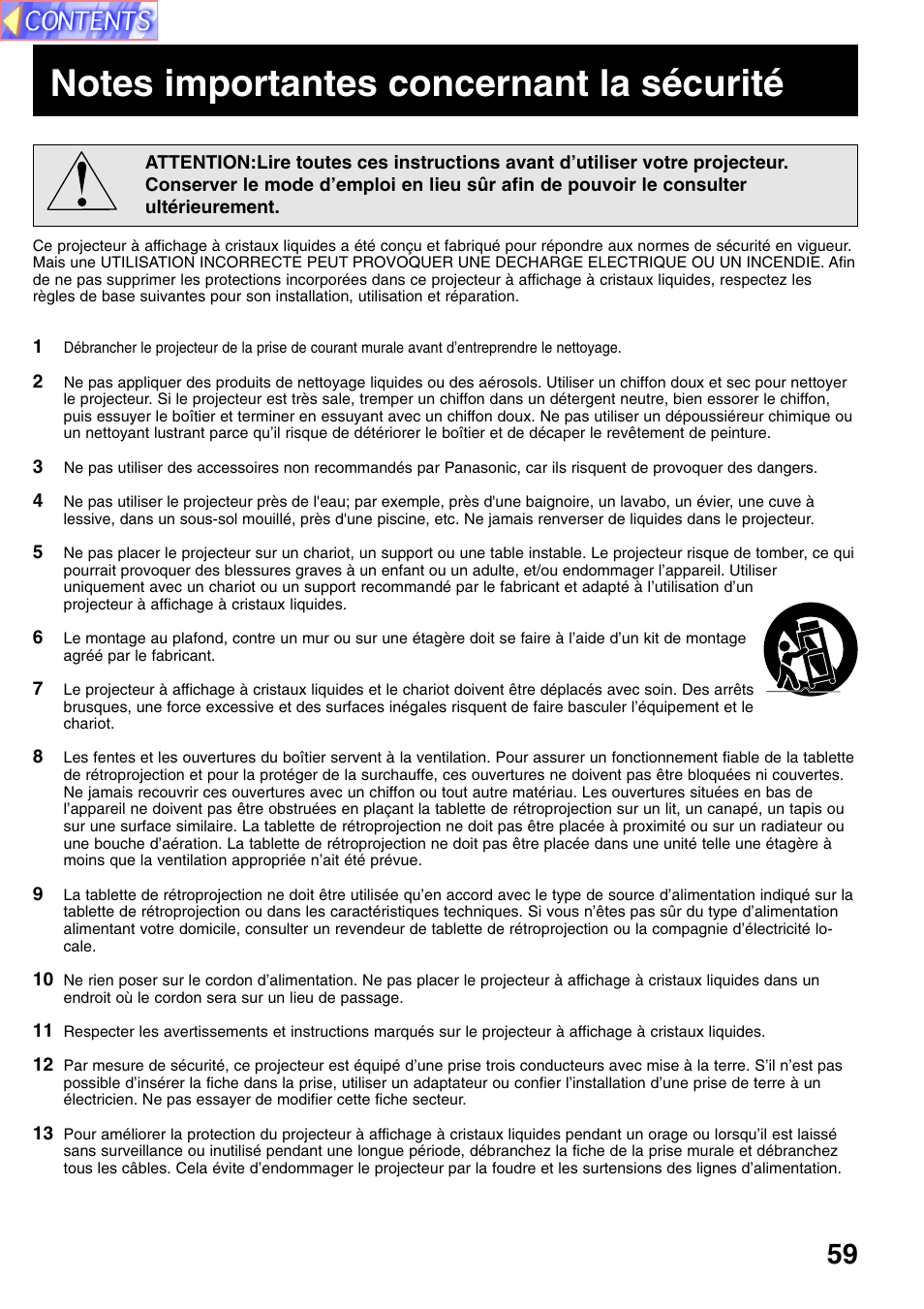 Notes importantes concernant la sécurité | Panasonic PT-L759VU User Manual | Page 59 / 68