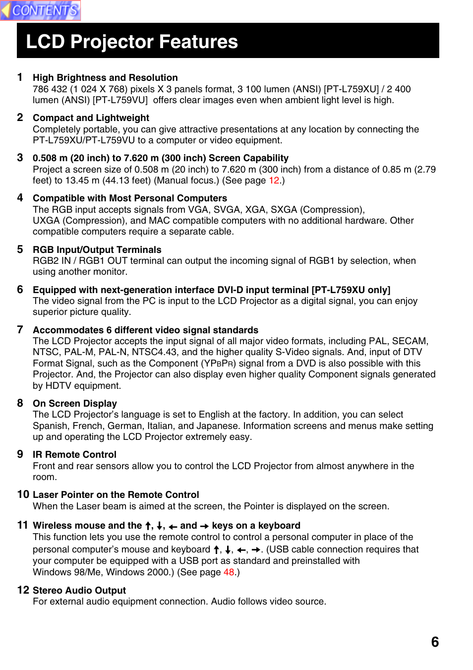 Lcd projector features | Panasonic PT-L759VU User Manual | Page 6 / 68