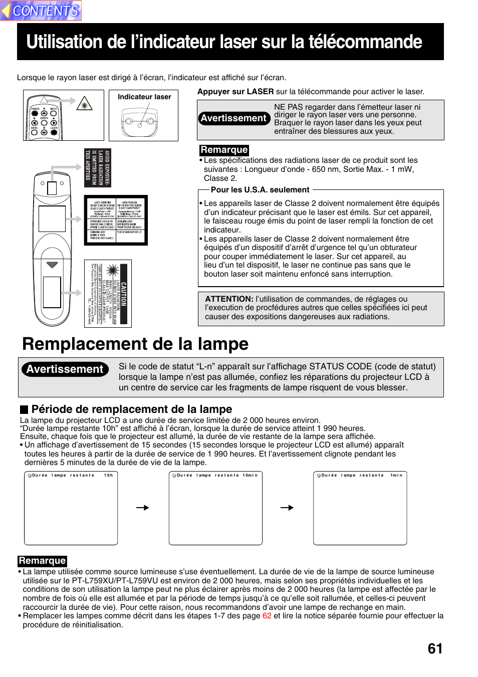 Remplacement de la lampe, Période de remplacement de la lampe, Avertissement | Remarque | Panasonic PT-L759VU User Manual | Page 61 / 68