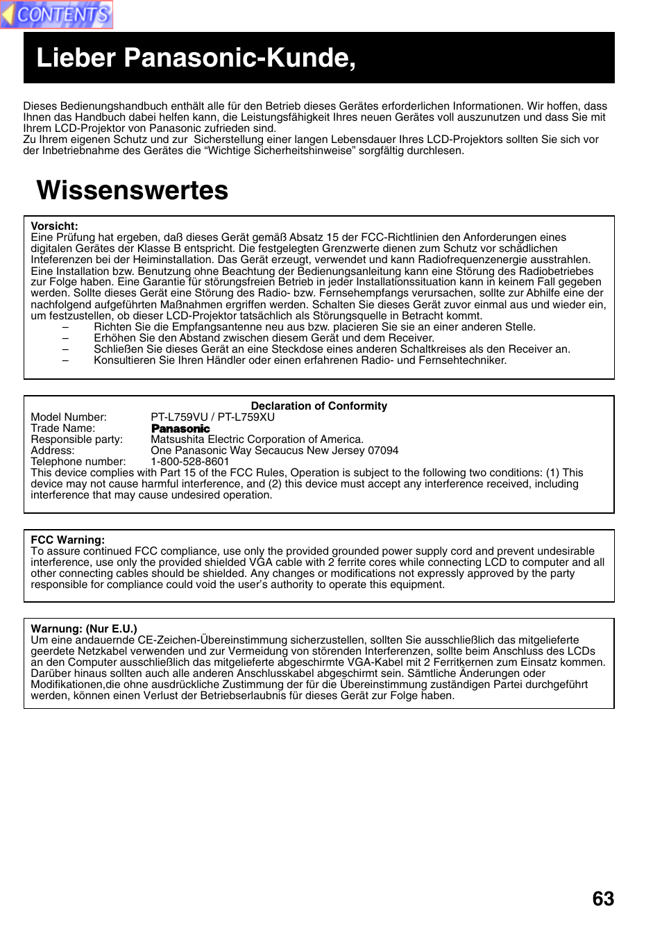 Lieber panasonic-kunde, Wissenswertes lieber panasonic-kunde | Panasonic PT-L759VU User Manual | Page 63 / 68