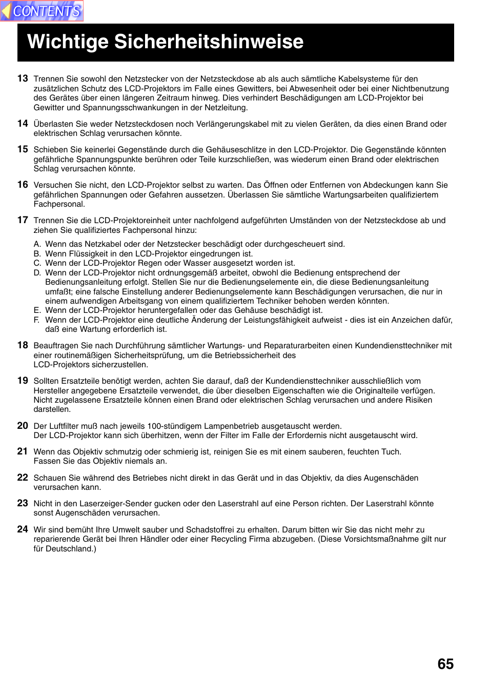 Wichtige sicherheitshinweise | Panasonic PT-L759VU User Manual | Page 65 / 68