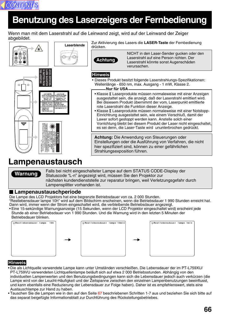 Benutzung des laserzeigers der fernbedienung, Lampenaustausch, Lampenaustauschperiode | Warnung, Achtung, Hinweis | Panasonic PT-L759VU User Manual | Page 66 / 68