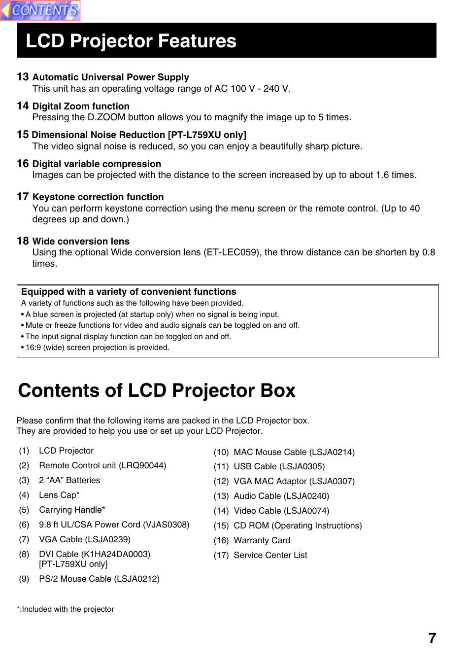 Contents of lcd projector box, Lcd projector features | Panasonic PT-L759VU User Manual | Page 7 / 68