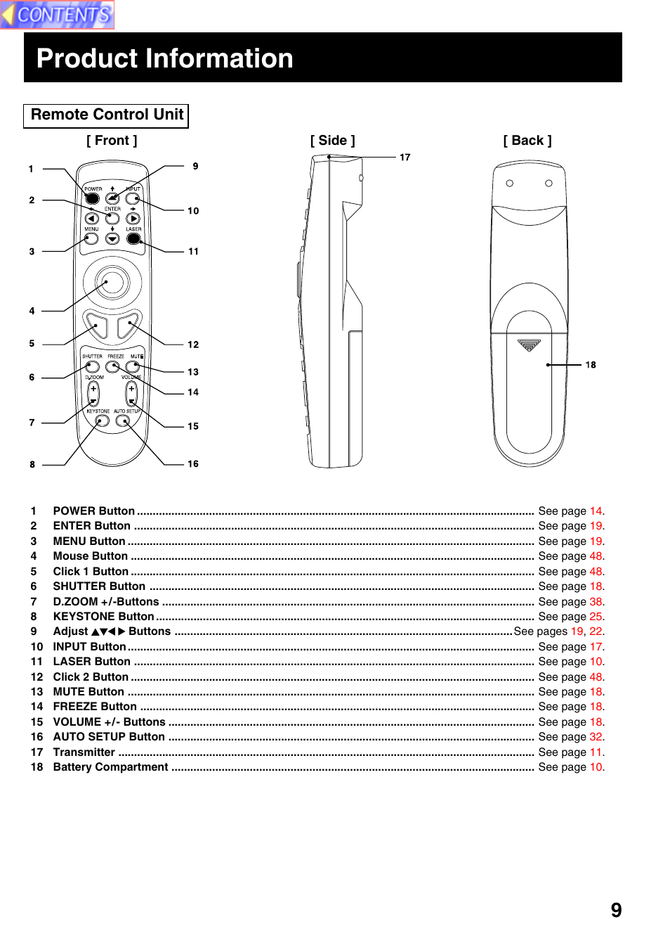 Product information, Remote control unit | Panasonic PT-L759VU User Manual | Page 9 / 68