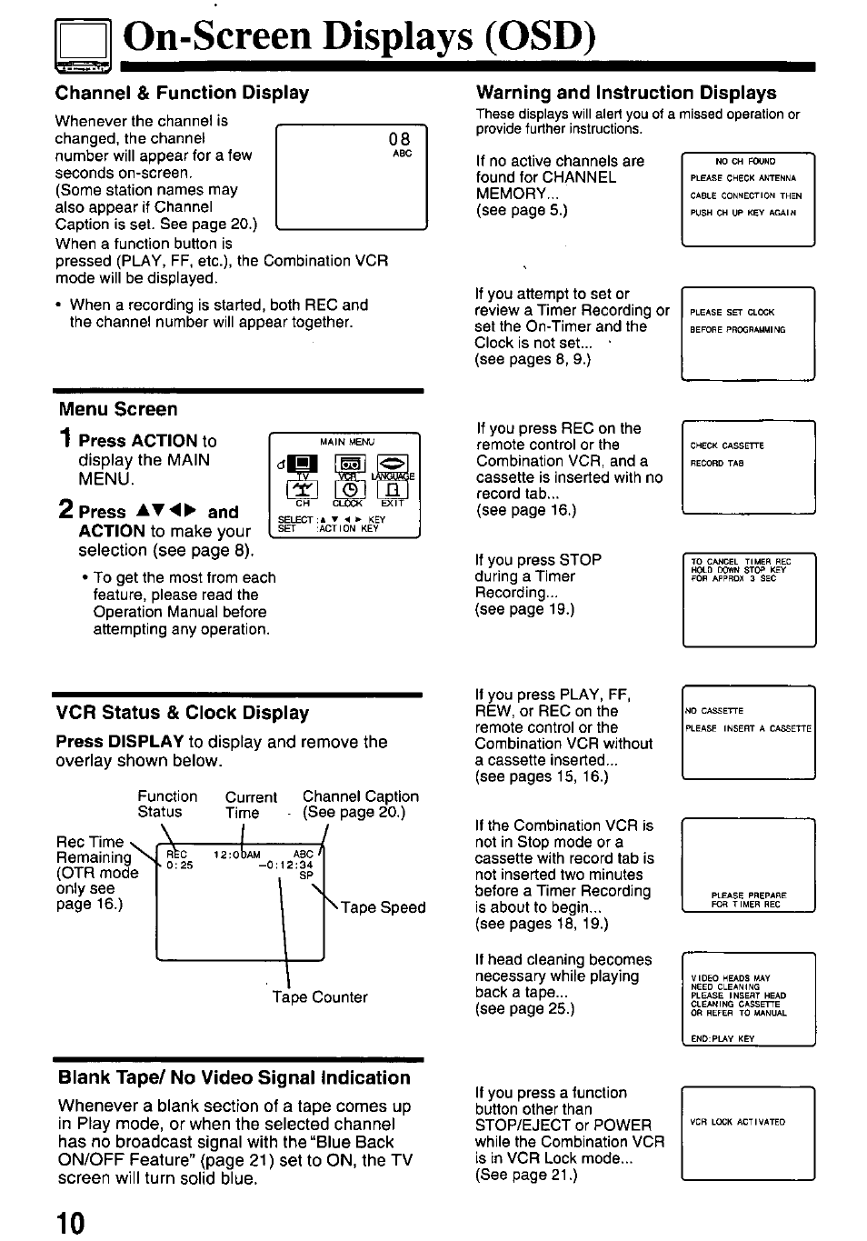 On-screen displays (osd), Channel & function display, Warning and instruction displays | Menu screen, Vcr status & clock display, Blank tape/ no video signal indication | Panasonic PV-M1338 User Manual | Page 10 / 32