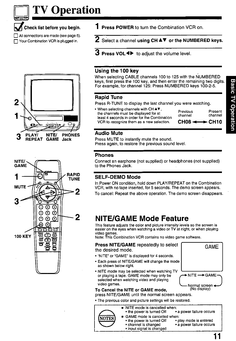 Tv operation, Kx check list before you begin, 1 press power to turn the combination vcr on | 3 press to adjust the volume level, Using the 100 key, Rapid tune, Ohio, Audio mute, Phones, Self-demo mode | Panasonic PV-M1338 User Manual | Page 11 / 32
