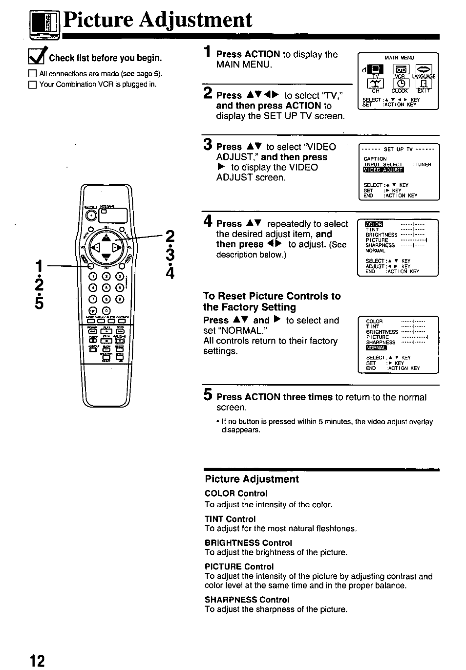 W picture adjustment, Color control, Tint control | Brightness control, Picture control, Sharpness control, Picture adjustment | Panasonic PV-M1338 User Manual | Page 12 / 32