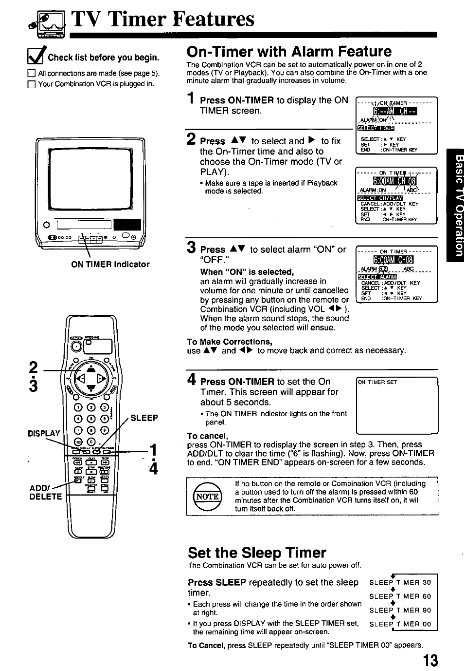 Tv timer features, On-timer with alarm feature, Вннвшан | Press on-timer to set the on, Set the sleep timer, 00am ch 08, 00am ch08 | Panasonic PV-M1338 User Manual | Page 13 / 32