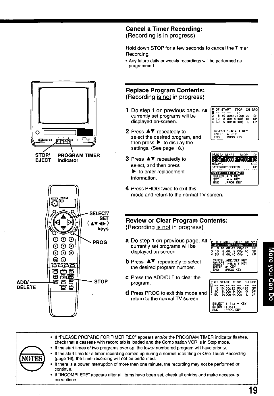 Cancel a timer recording, Replace program contents, Review or ciear program contents | Recording js in progress), Recording is not in progress) | Panasonic PV-M1338 User Manual | Page 19 / 32