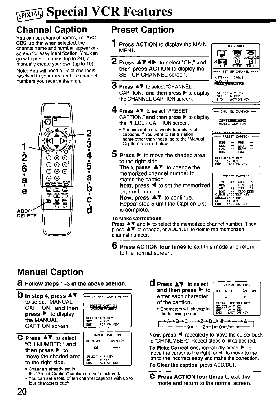Special vcr features, Channel caption, Preset caption | Manual caption | Panasonic PV-M1338 User Manual | Page 20 / 32