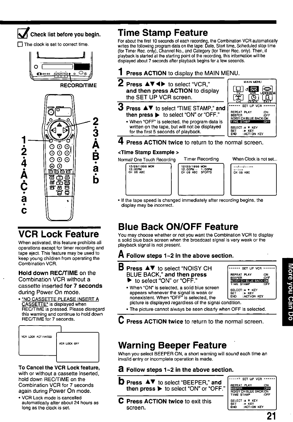 Vcr lock feature, Time stamp feature, Blue back on/off feature | Warning beeper feature | Panasonic PV-M1338 User Manual | Page 21 / 32