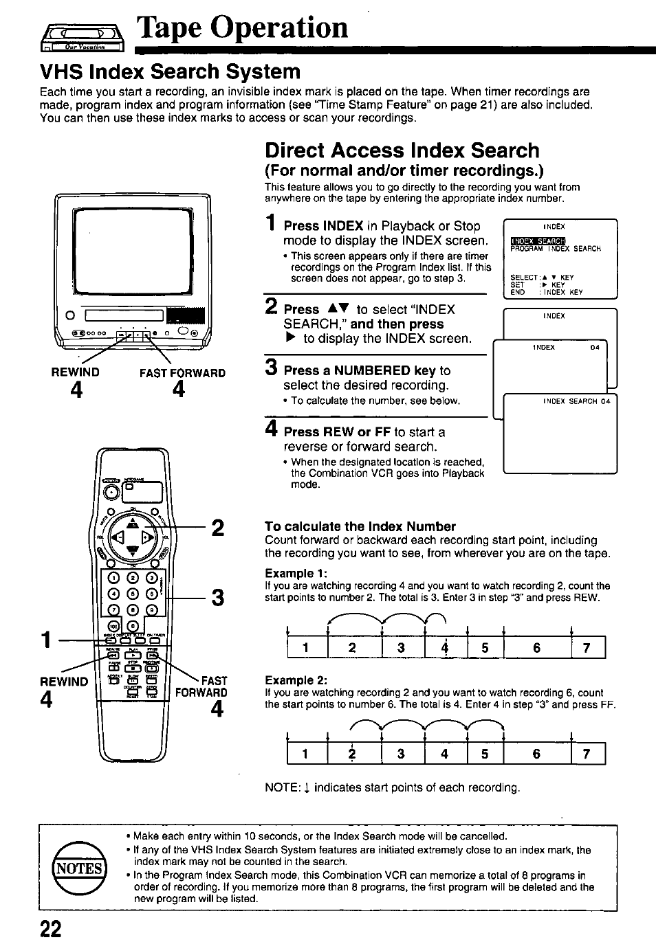 Tape operation, Vhs index search system, Direct access index search | Press at to select “index search,” and then press, To display the index screen, 3 press a numbered key to, To calculate the index number, Example 2 | Panasonic PV-M1338 User Manual | Page 22 / 32