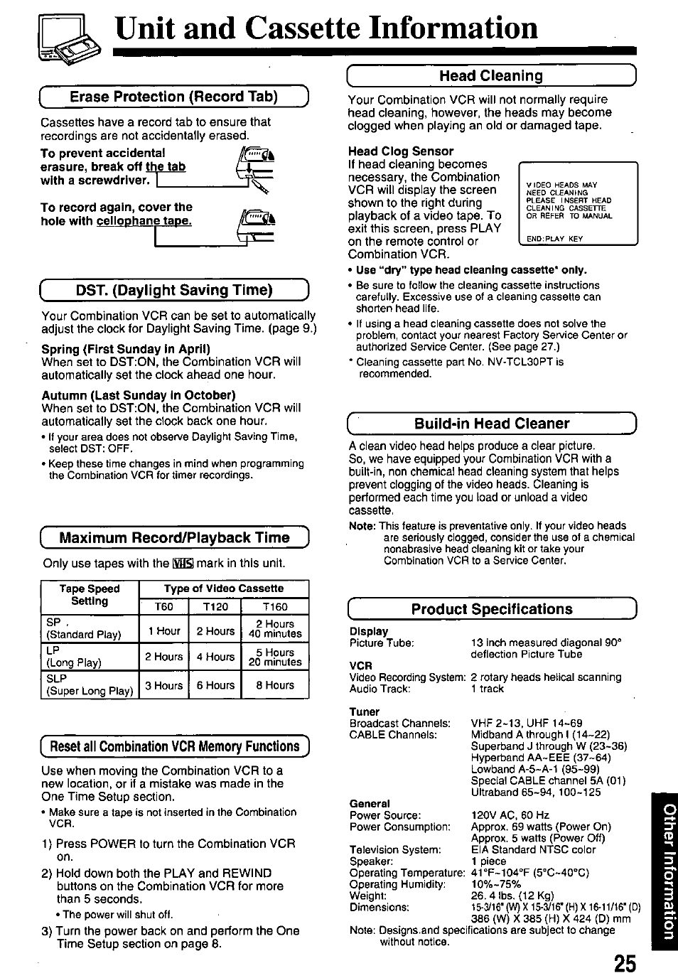 Unit and cassette information, Erase protection (record tab), Dst. (daylight saving time) ) | Maximum record/playback time, Reset all combination vcr memory functions, Head clog sensor, Build-in head cleaner j, Product specifications, Auto daylight saving time, Head cleaning | Panasonic PV-M1338 User Manual | Page 25 / 32
