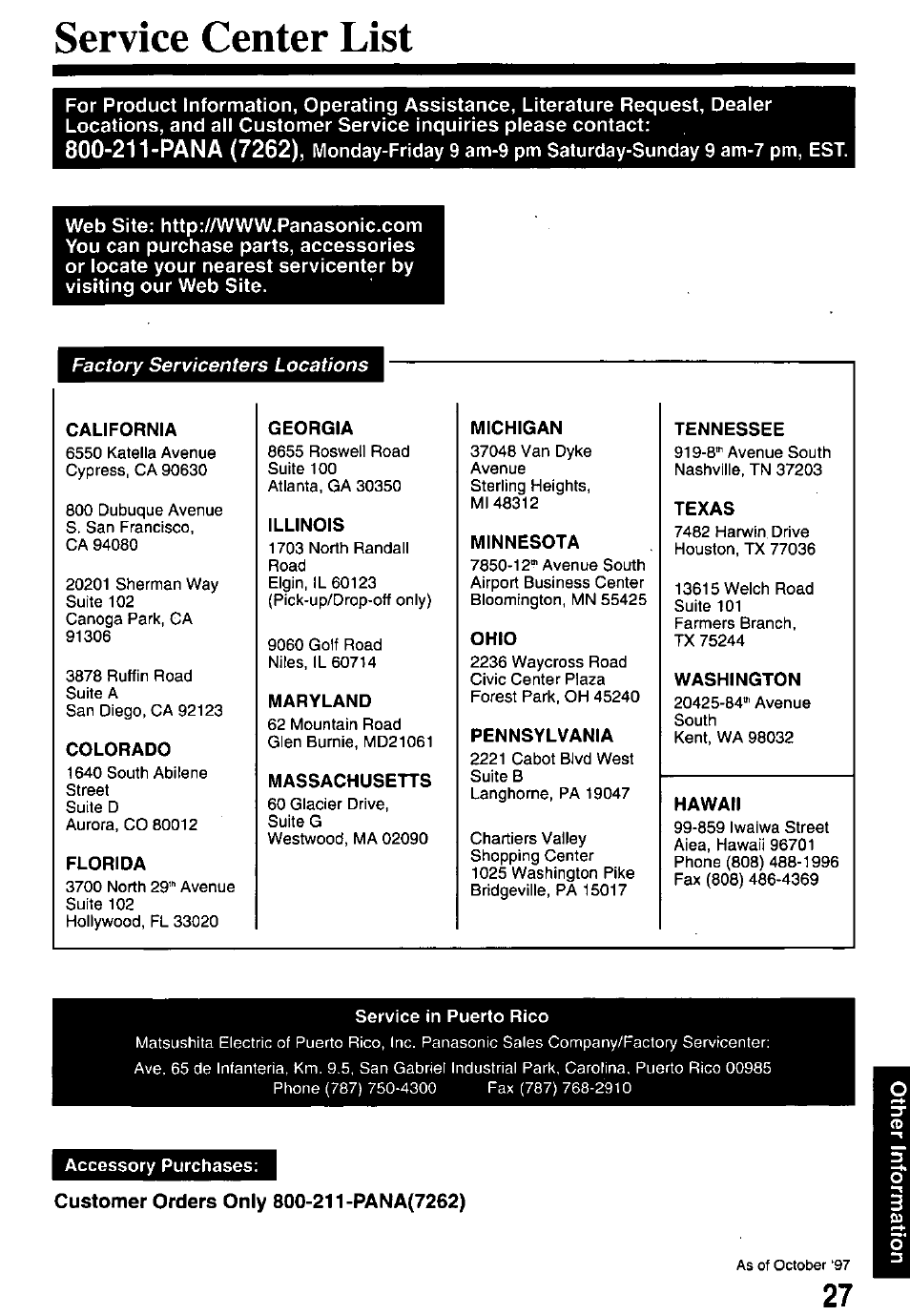 Service center list, Customer orders only 800-211-pana(7262) | Panasonic PV-M1338 User Manual | Page 27 / 32