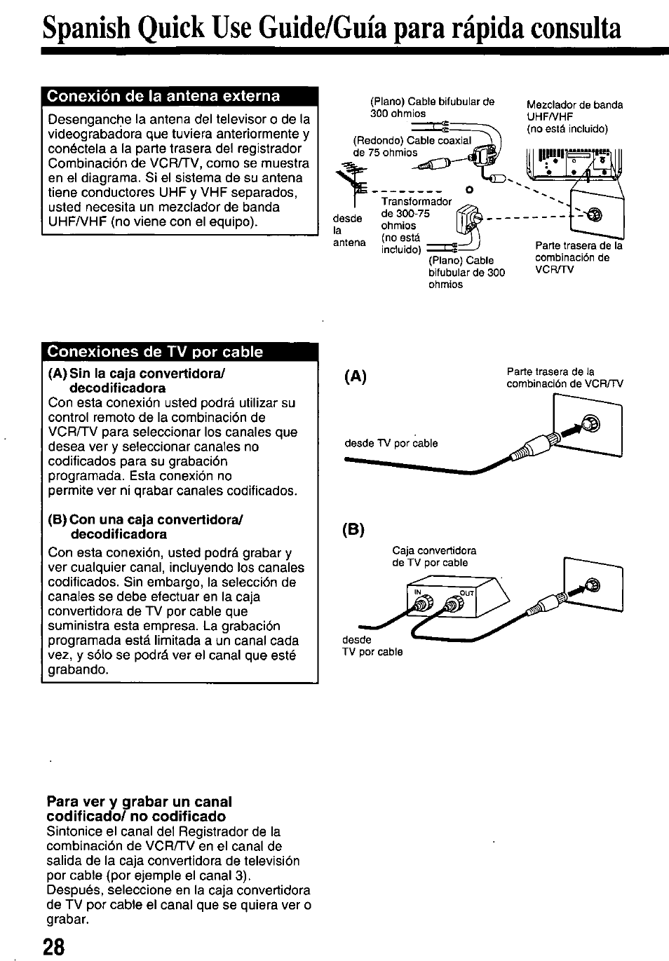 Spanish quick use guide/guia para rápida consulta, Conexión de la antena externa, Conexiones de tv por cable | B) con una caja convertidora/ decodificadora | Panasonic PV-M1338 User Manual | Page 28 / 32