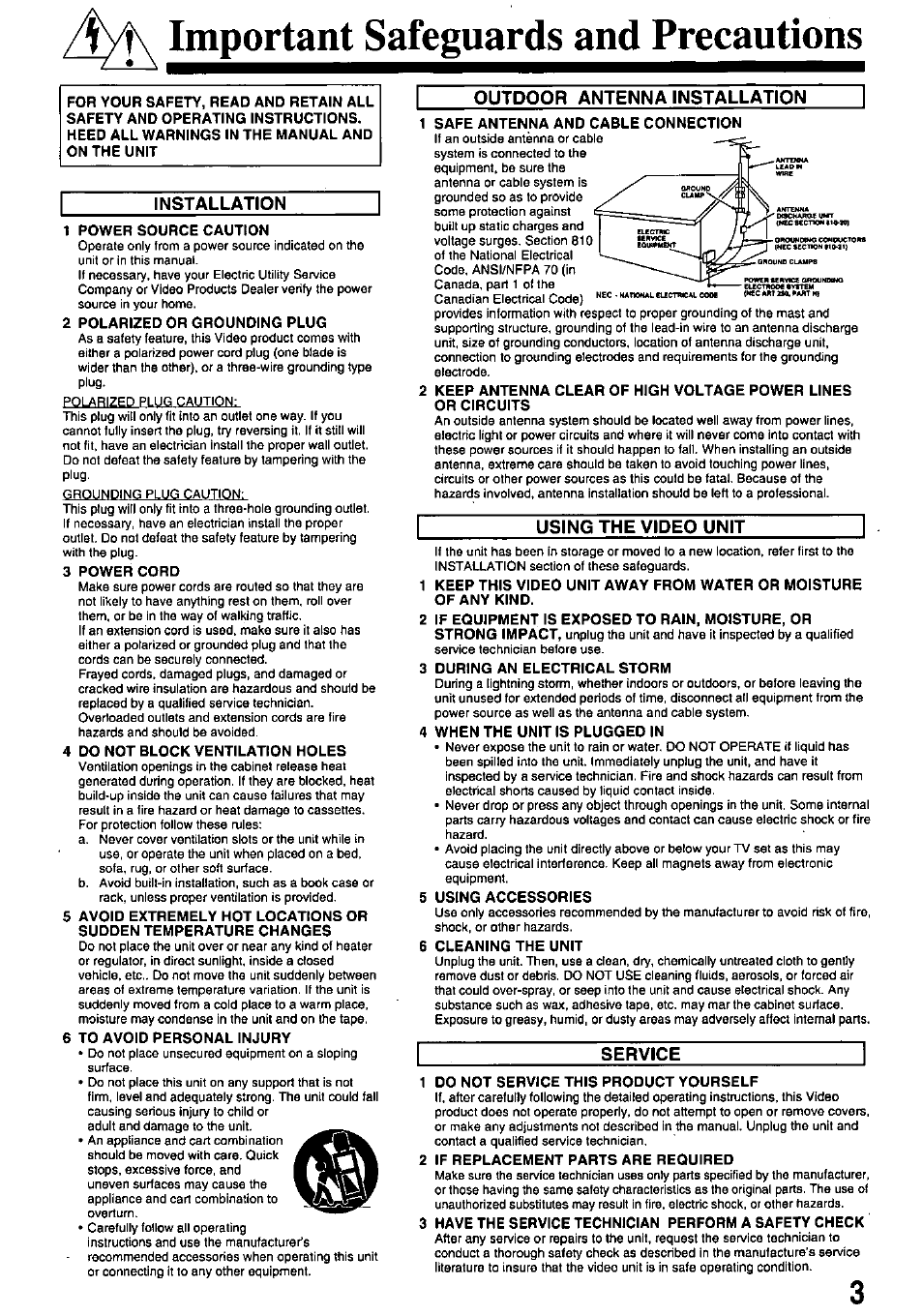 Important safeguards and precautions, Installation, Outdoor antenna installation | Using the video unit, Service | Panasonic PV-M1338 User Manual | Page 3 / 32