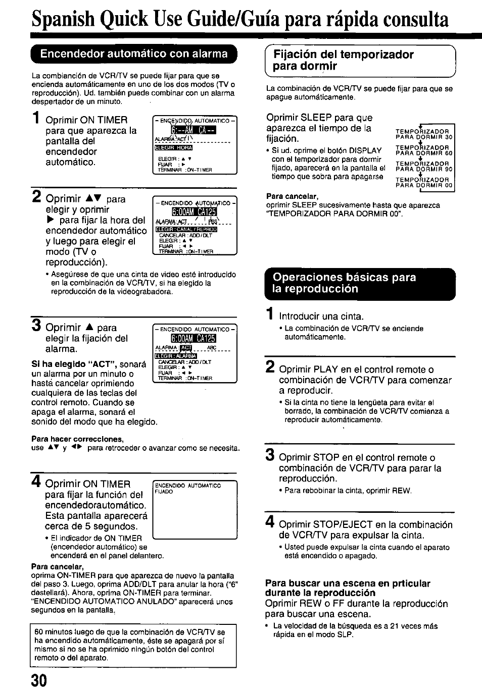 Spanish quick use guide/guia para rápida consulta, Encendedor automático con alarma, Para hacer correcciones | Para cancelar, Operaciones básicas para la reproducción, Ooam ca125 | Panasonic PV-M1338 User Manual | Page 30 / 32