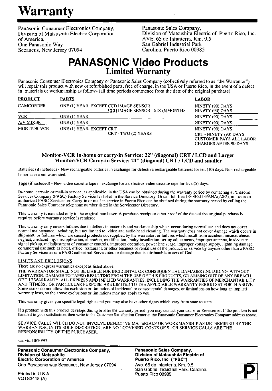 Warranty, Panasonic video products, Limited warranty | Panasonic PV-M1338 User Manual | Page 32 / 32