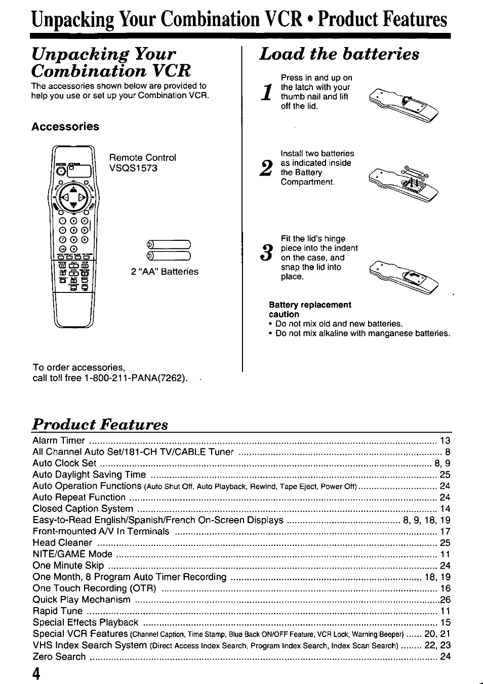 Unpacking your combination vcr • product features, Unpacking your combination vcr, Load the batteries | Product features | Panasonic PV-M1338 User Manual | Page 4 / 32