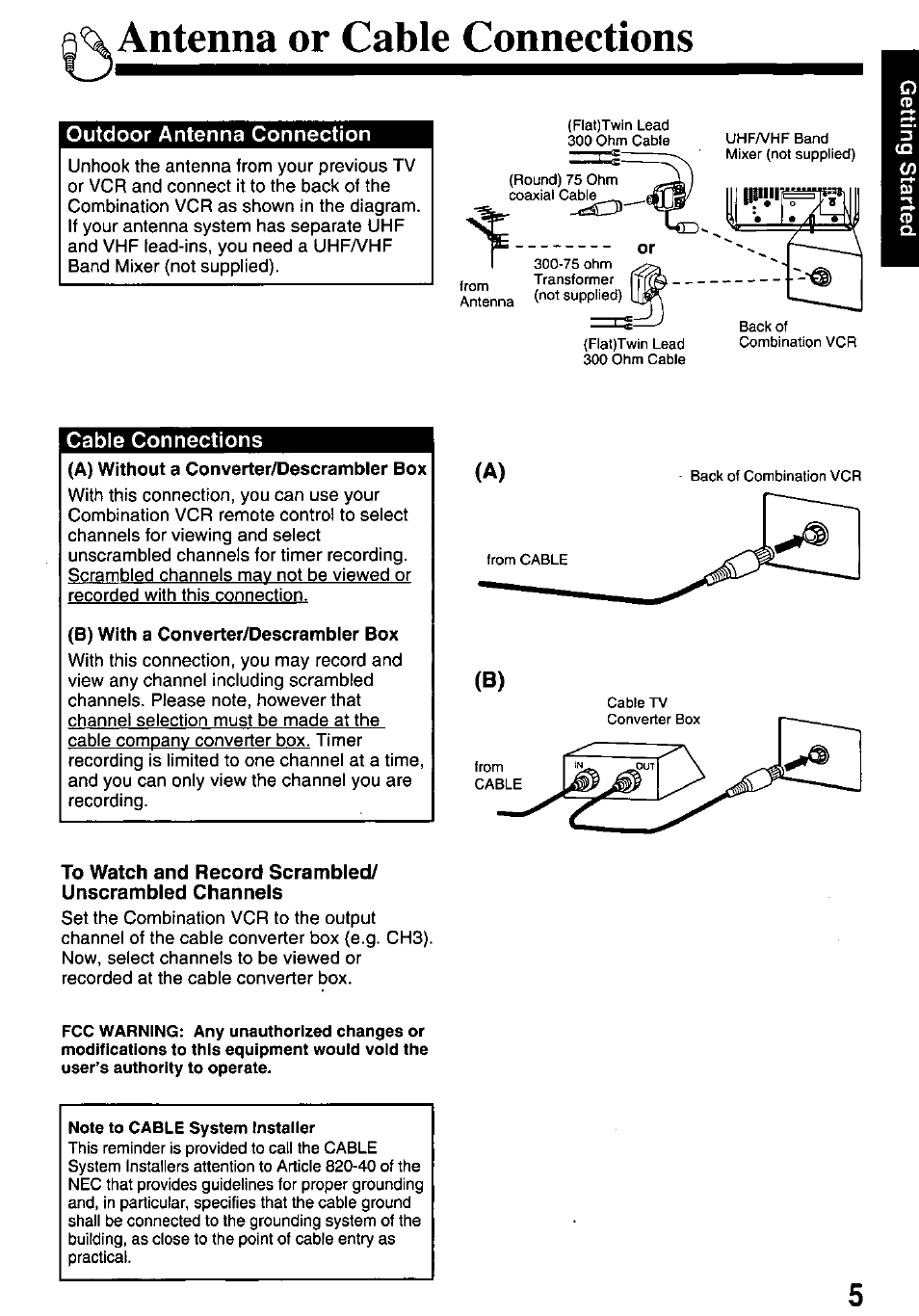 Antenna or cable connections, Outdoor antenna connection, Cable connections | B) with a converter/descrambler box | Panasonic PV-M1338 User Manual | Page 5 / 32