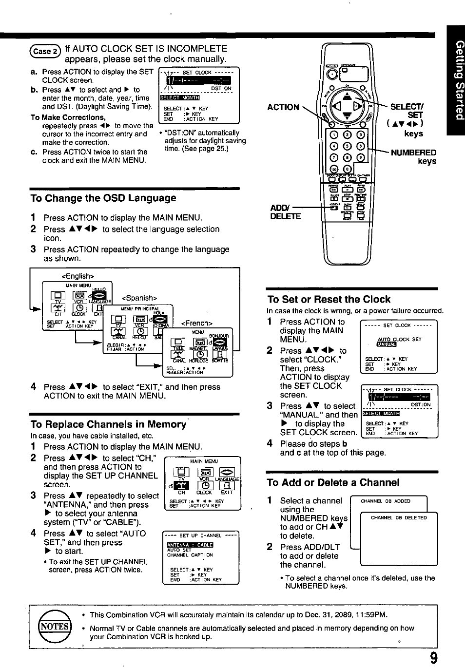 To change the osd language, To replace channels in memory, To set or reset the clock | Éébsbénàznà, To add or delete a channel 1 | Panasonic PV-M1338 User Manual | Page 9 / 32