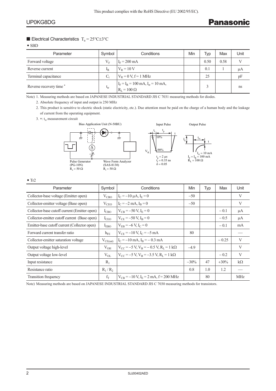 Up0kg8dg, Electrical characteristics t, 25°c±3°c | Panasonic UP0KG8DG User Manual | Page 2 / 6