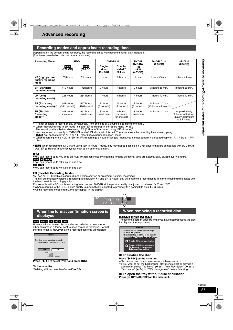 Advanced recording, Recording modes and approximate recording times, When the format confirmation screen is displayed | When removing a recorded disc | Panasonic DMR-EH58 User Manual | Page 21 / 80