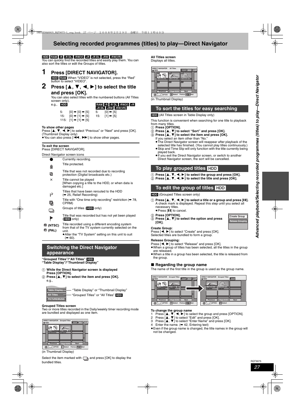 Press [direct navigator, Switching the direct navigator appearance, Regarding the group name | Panasonic DMR-EH58 User Manual | Page 27 / 80