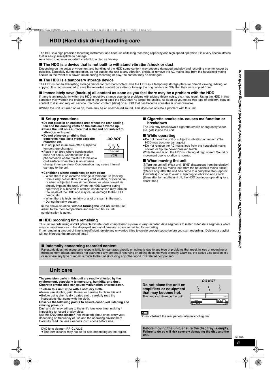 Hdd (hard disk drive) handling care, Unit care | Panasonic DMR-EH58 User Manual | Page 5 / 80