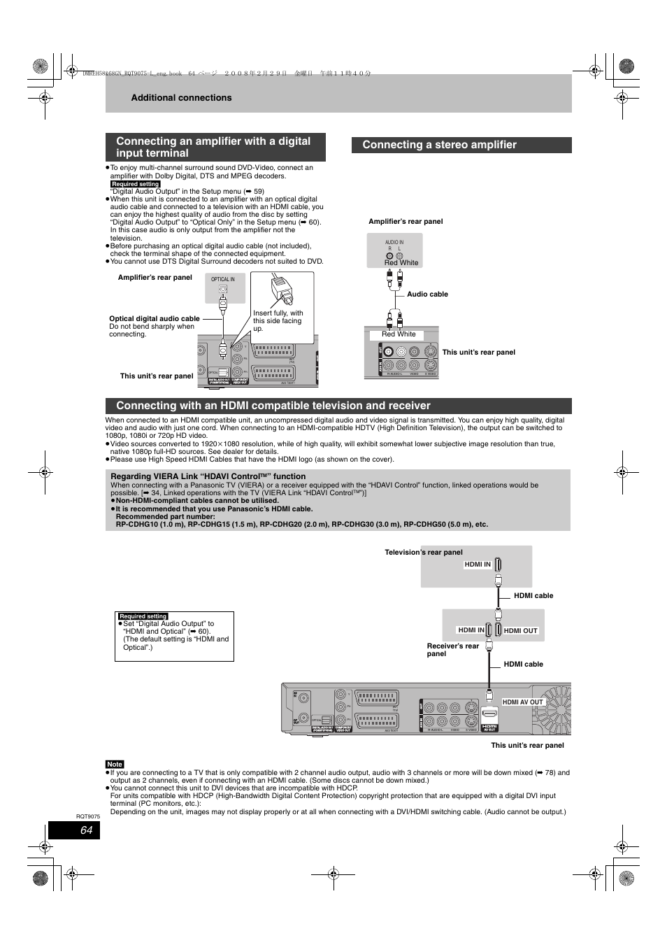 Connecting a stereo amplifier, Additional connections, Regarding viera link “hdavi control | Function, Red white | Panasonic DMR-EH58 User Manual | Page 64 / 80