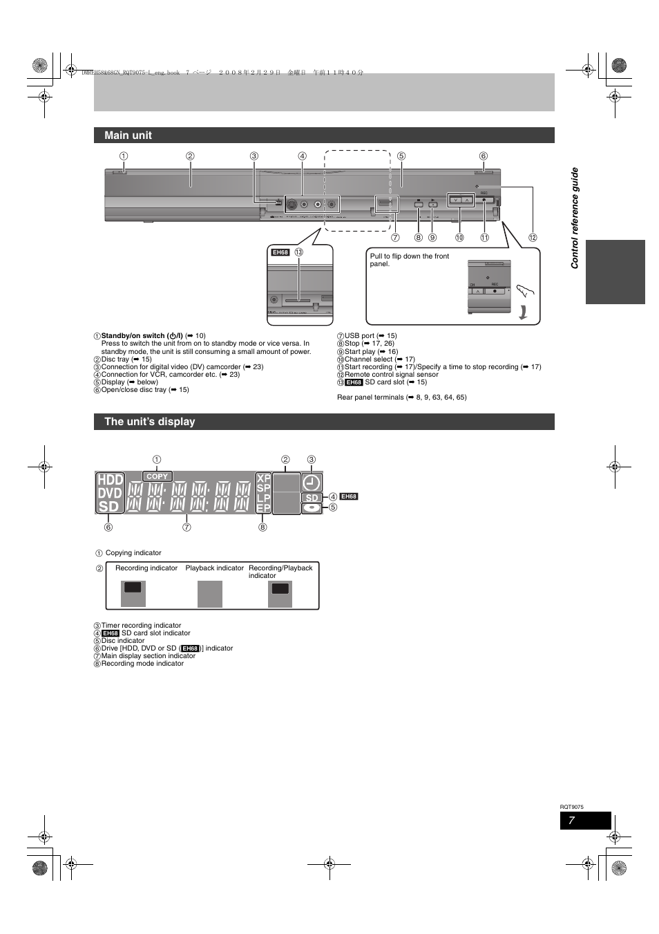 Play, Main unit, The unit’s display | Panasonic DMR-EH58 User Manual | Page 7 / 80